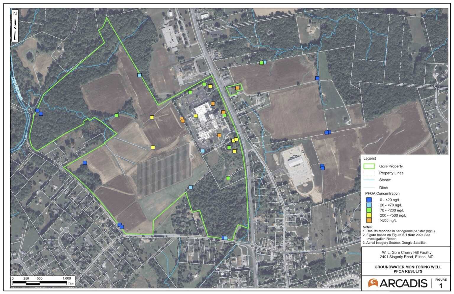 Birds-eye-view of the monitoring wells for Cherry Hill Facility