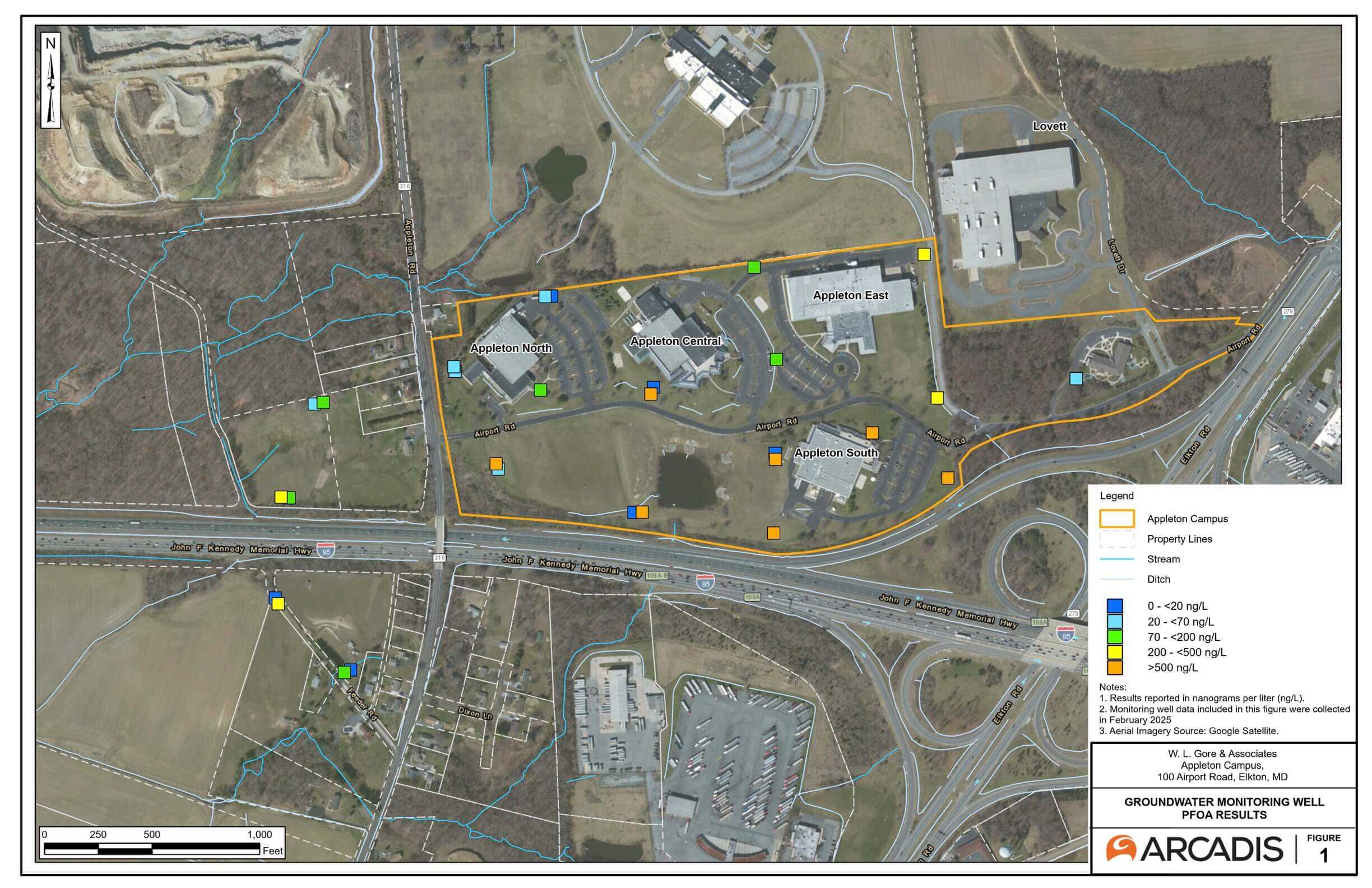 Birds-eye-view of the monitoring wells for Appleton Campus Facility