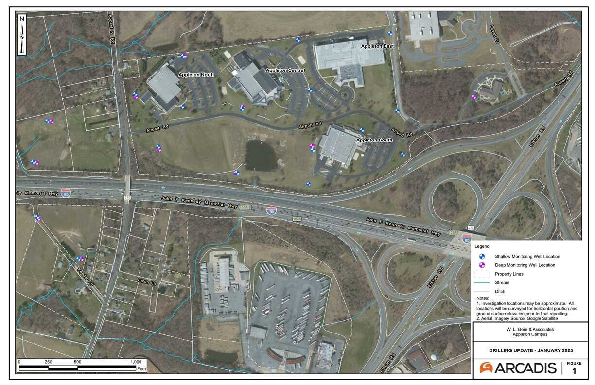 Birds-eye-view of the Appleton Campus map showing various monitoring wells