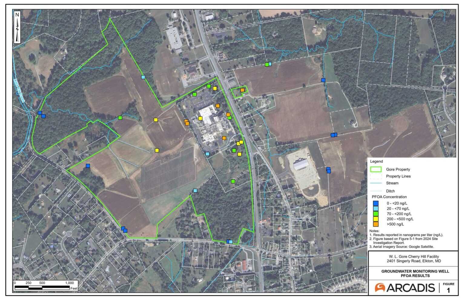 Birds-eye-view of the monitoring wells for Cherry Hill Facility