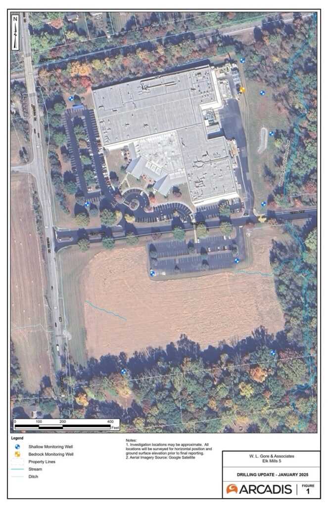 Birds-eye-view of Elk Mills Campus showing multiple locations of the monitoring wells