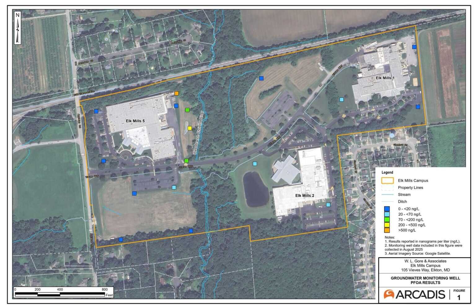 Birds-eye-view of the monitoring wells for Elk Mills Facility