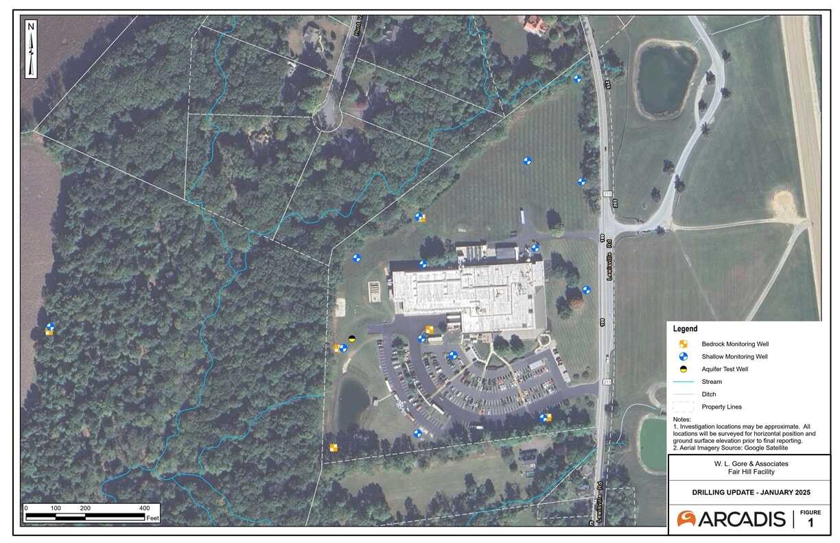 Birds-eye-view of the Fair Hill Facility showing multiple locations of the monitoring wells
