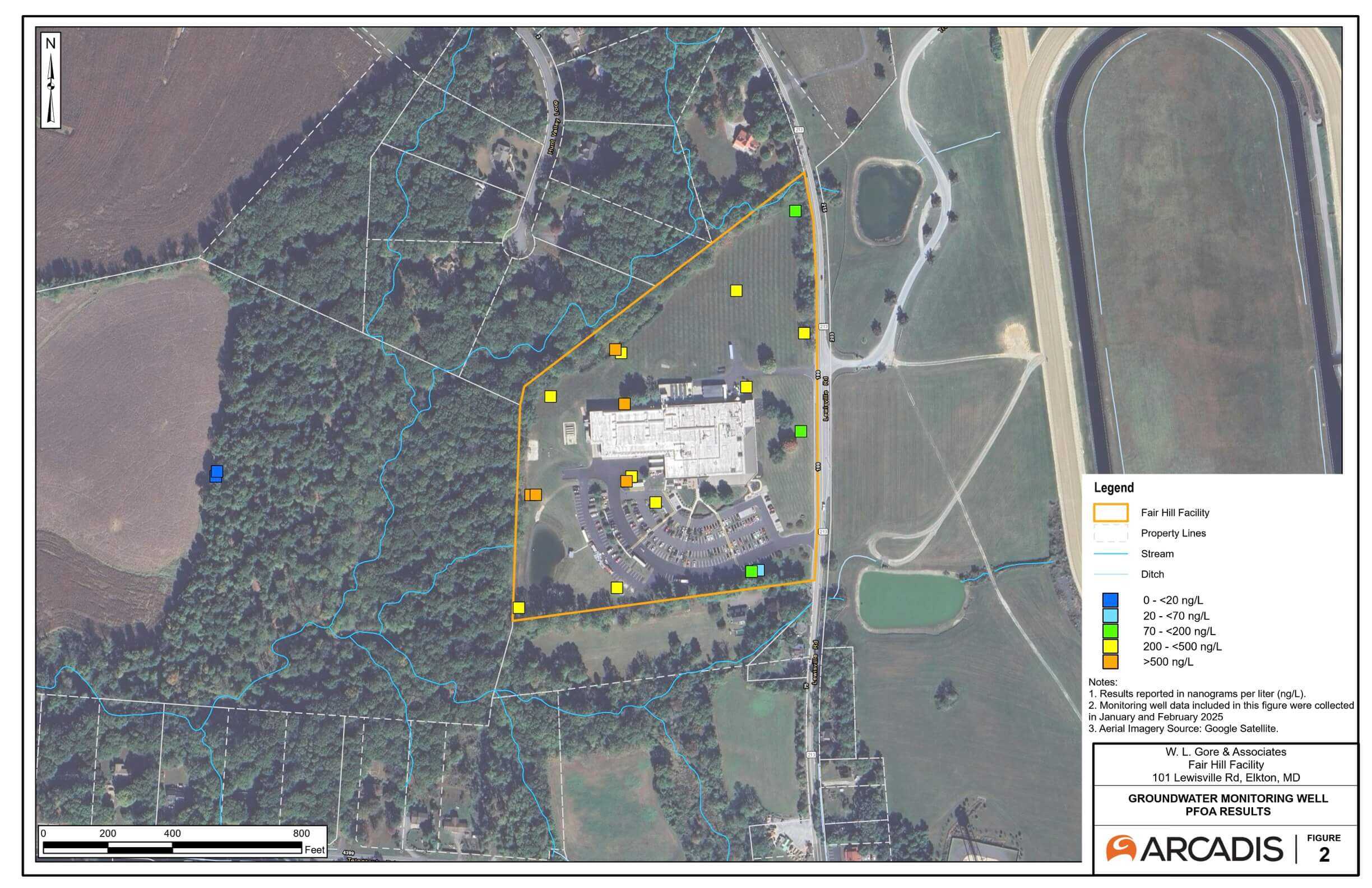 Birds-eye-view of the monitoring wells for Fair Hill Facility